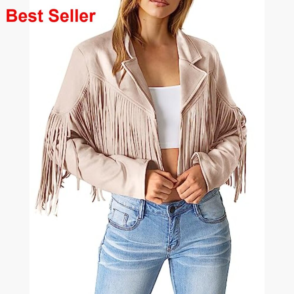 Faux Suede Fringe Motorcycle Cropped Jacket with Tassel Design - Picture 2 of 7